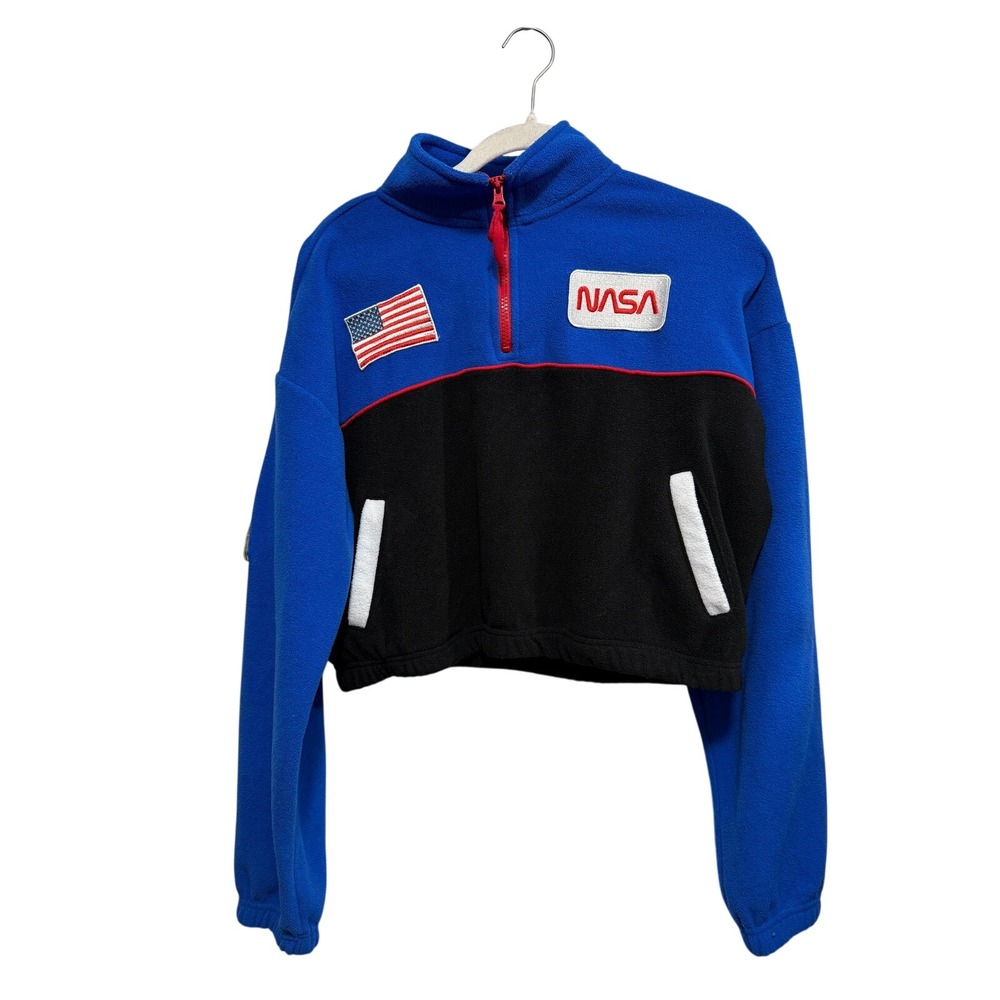 CHEMISTRY NASA Fleece Cropped 1/4 Zip Pullover Jacket Womens M American Flag